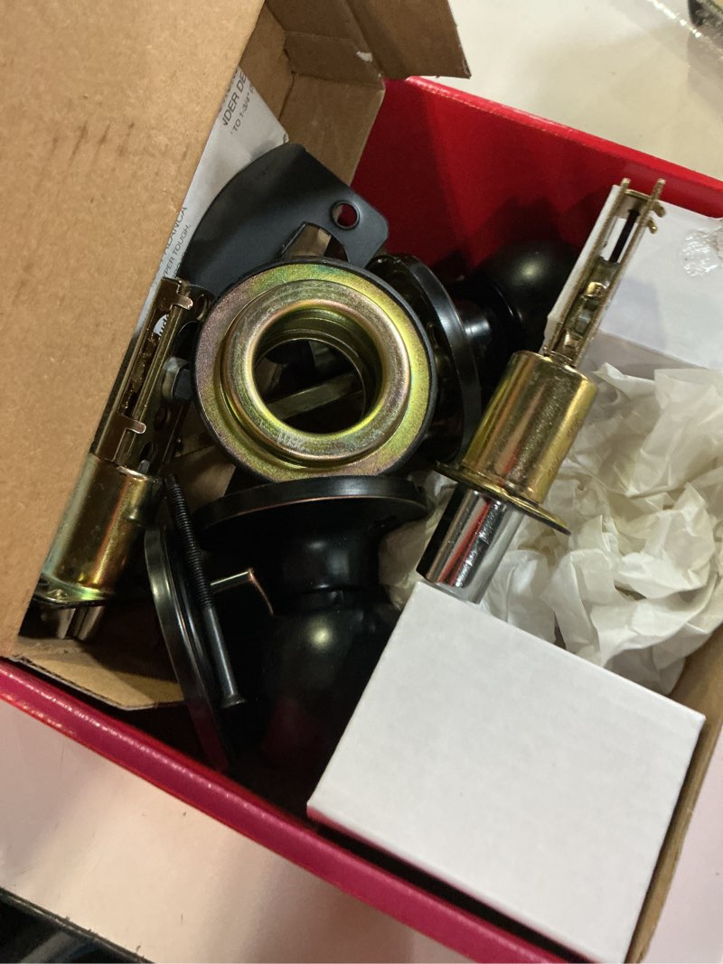 Condition photo showing As Is for hyper tough keyed entry ball doorknob lock and single cylinder deadbolt oil rubbed bronze finish combo pack