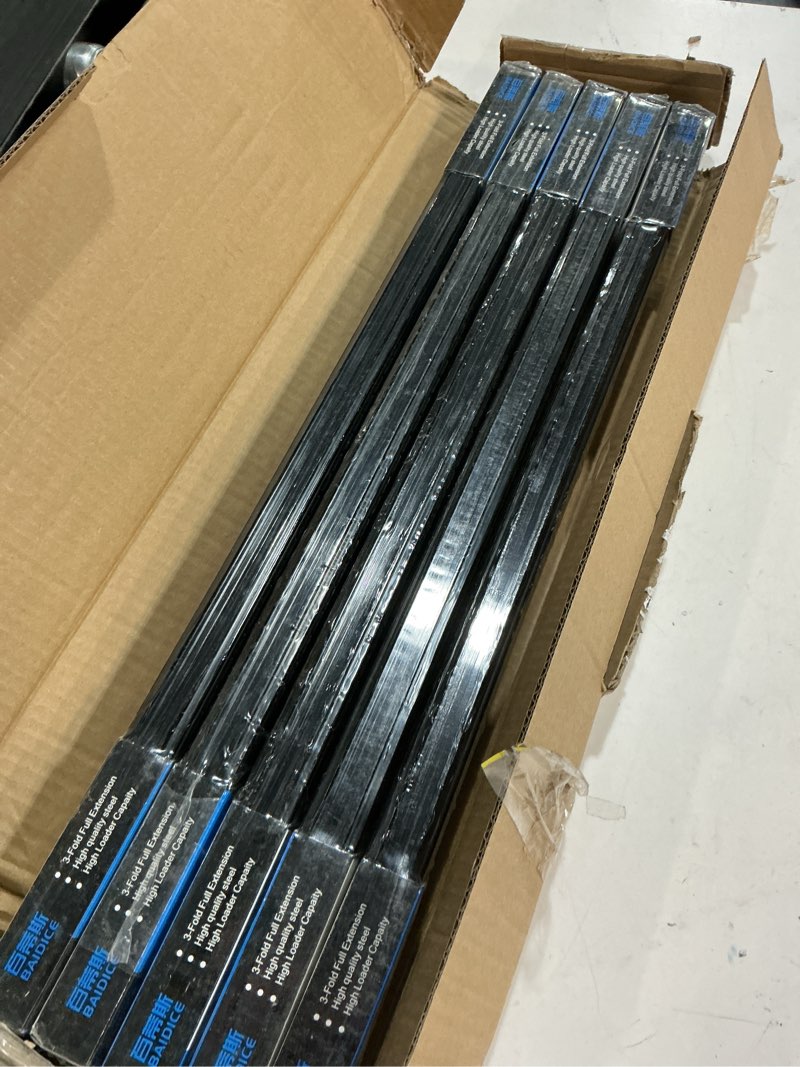 Condition photo showing New/Like New for 5 pair full extension ball bearing drawer slides 8 10 12 14 16 18 20 22 24 inch 100 lb load capacity side mount file cabinet rails dresser metal runner trash can kitchen (22 inch, black) 22 inch black-5 pairs