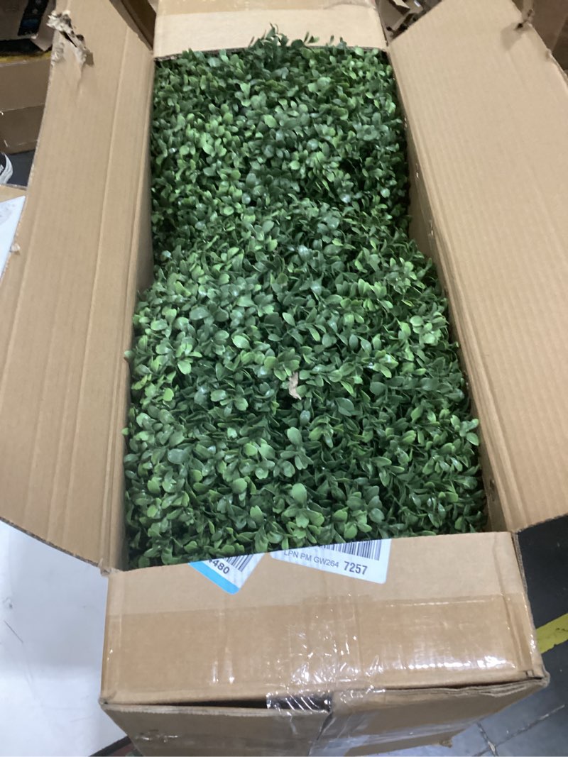 Condition photo showing As Is for 26 inch artificial boxwood topiary shrubs, uv resistant artificial outdoor flowers, waterproof oval-shaped fake evergreen bushes for garden front porch patio indoor use