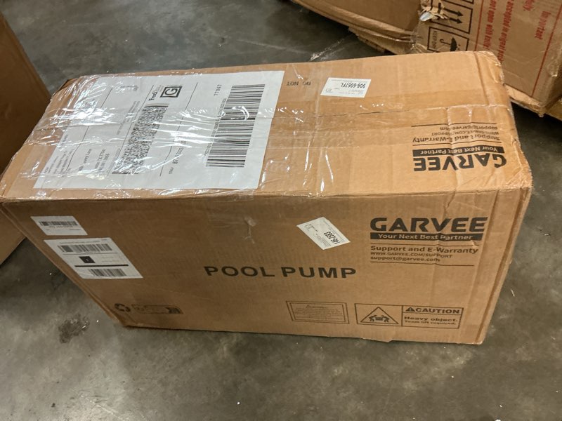 Condition photo showing As Is for garvee 1.5hp pool pump 1100w, high flow swimming pool pump for above ground & inground pools, copper motor, thermoplastic housing with strainer basket