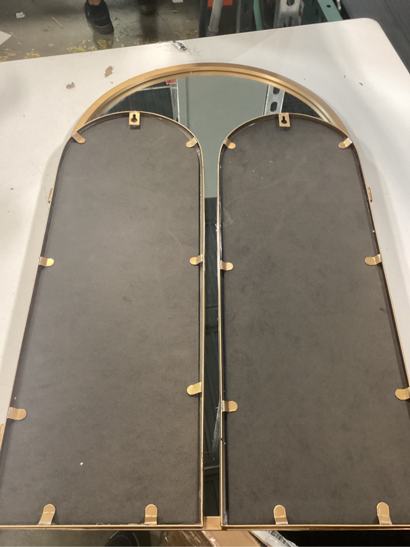 Condition photo showing Good Condition for 3 way mirror bathroom, trifold vanity mirrors for bathroom bedroom, large arch mirrors decorative vintage gold, adjustable makeup mirror for braiding hair 360° way tabletop & wall mounted retro gold 30 x 37in