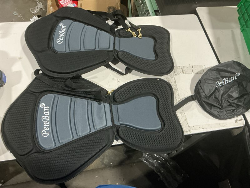 Condition photo showing As Is for universal deluxe kayak seat cushion with storage bag for kayak