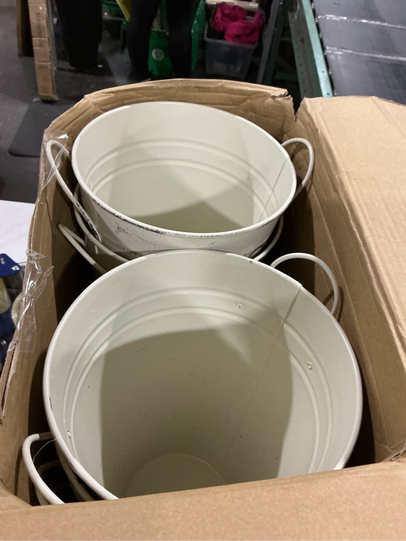 Condition photo showing As Is for Irenare 12 Inch Vintage Galvanized Flower Bucket Metal Flower Vase Farmhouse French Bucket Planter Metal Floral Container for Party Table Centerpiece Weddings Home(White,4 Pcs) White 4