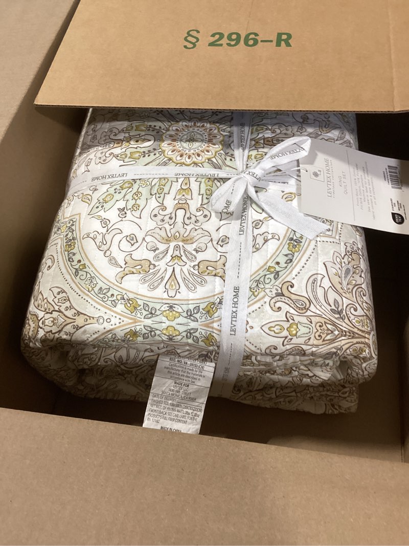Condition photo showing Good Condition for levtex home villa lugano cosima quilt set - king quilt (106x92) + two king pillow shams (26x20) - medallion - taupe, green, yellow and white - reversible - cotton fabric