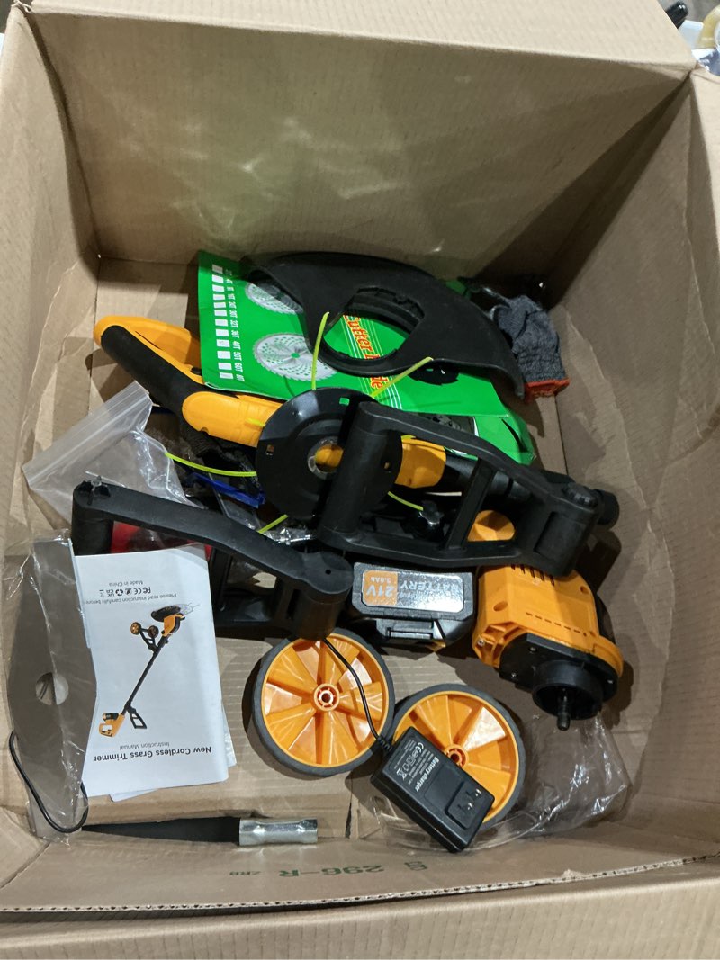 Condition photo showing As Is for cordless string trimmer with wheels, 2x3.0ah 21v battery powered weed eater, 14-inch electric lawn mower weed wacker, brush cutter grass trimmer for garden yard yellow
