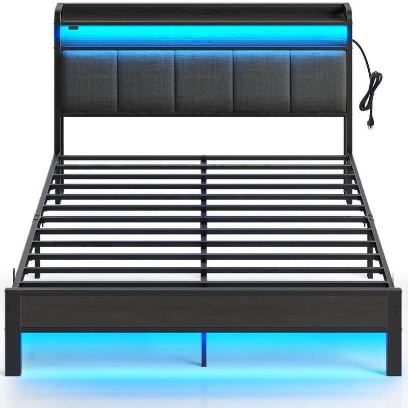 rolanstar bed frame with charging station and led lights, upholstered headboard with storage shelves, heavy duty metal(similar no same)
