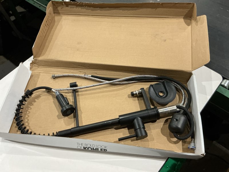 Condition photo showing As Is for lovmor commercial spring kitchen faucets matte black with pull out sprayer stainless steel single handle one hole kitchen sink faucet industrial 3-hole sink faucet for camper laundry bar