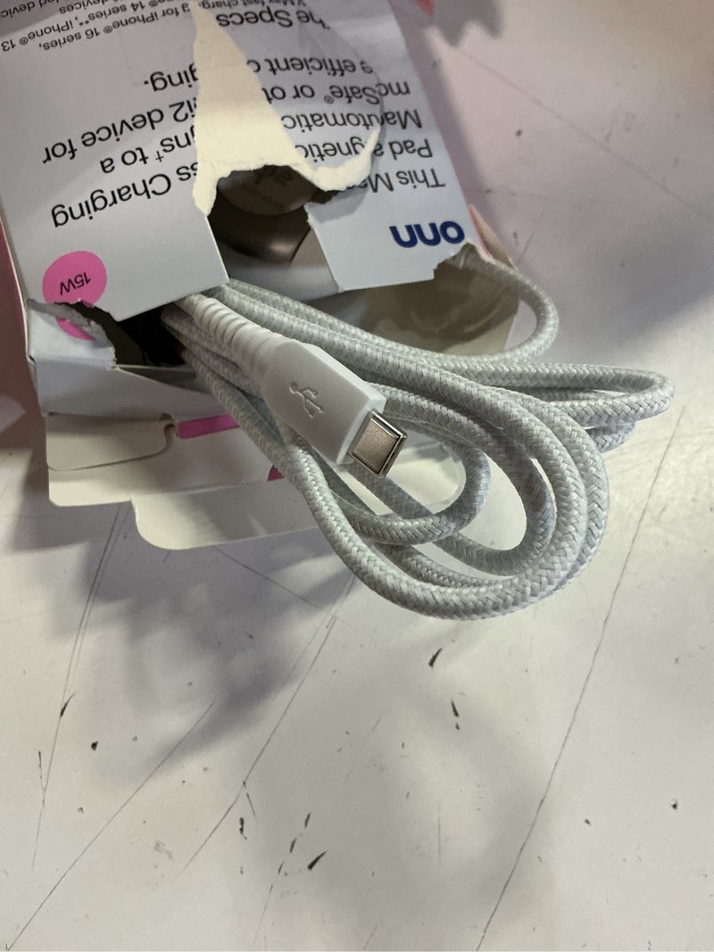 Condition photo showing As Is for onn 15w magnetic wireless charging pad, qi2 certified, braided cable, white - compatible with iphone 17/16/15/14/13/12 series