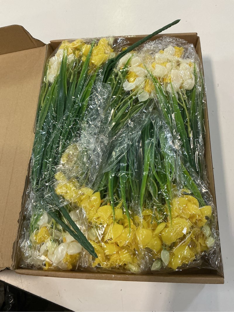 Condition photo showing New/Like New for 12 pack artificial daffodils fake silk narcissus flowers uv resistant indoor outdoor home decor realistic yellow white bouquet for wedding centerpiece