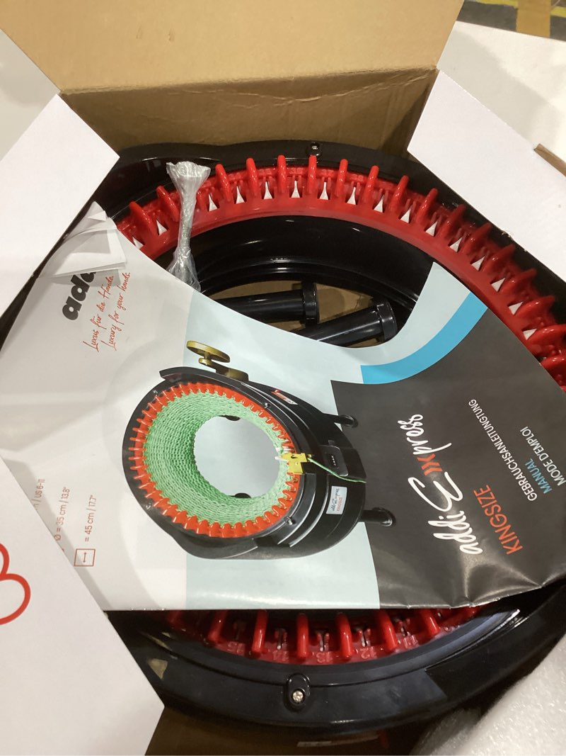 Condition photo showing As Is for Addi Express King Size Knitting Machine, 46 Needle Round Loom with Row Counter and Hand Crank, Black, 17.7 Inch Flat Panel Width King Size Single