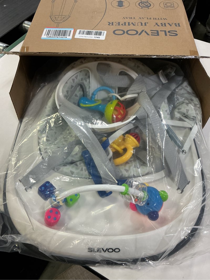 Condition photo showing New/Like New for Slevoo Baby Jumper, Baby Door Jumper with Bumper, Play Tray and Two Jingle Rattles Pine-Soft Geometric