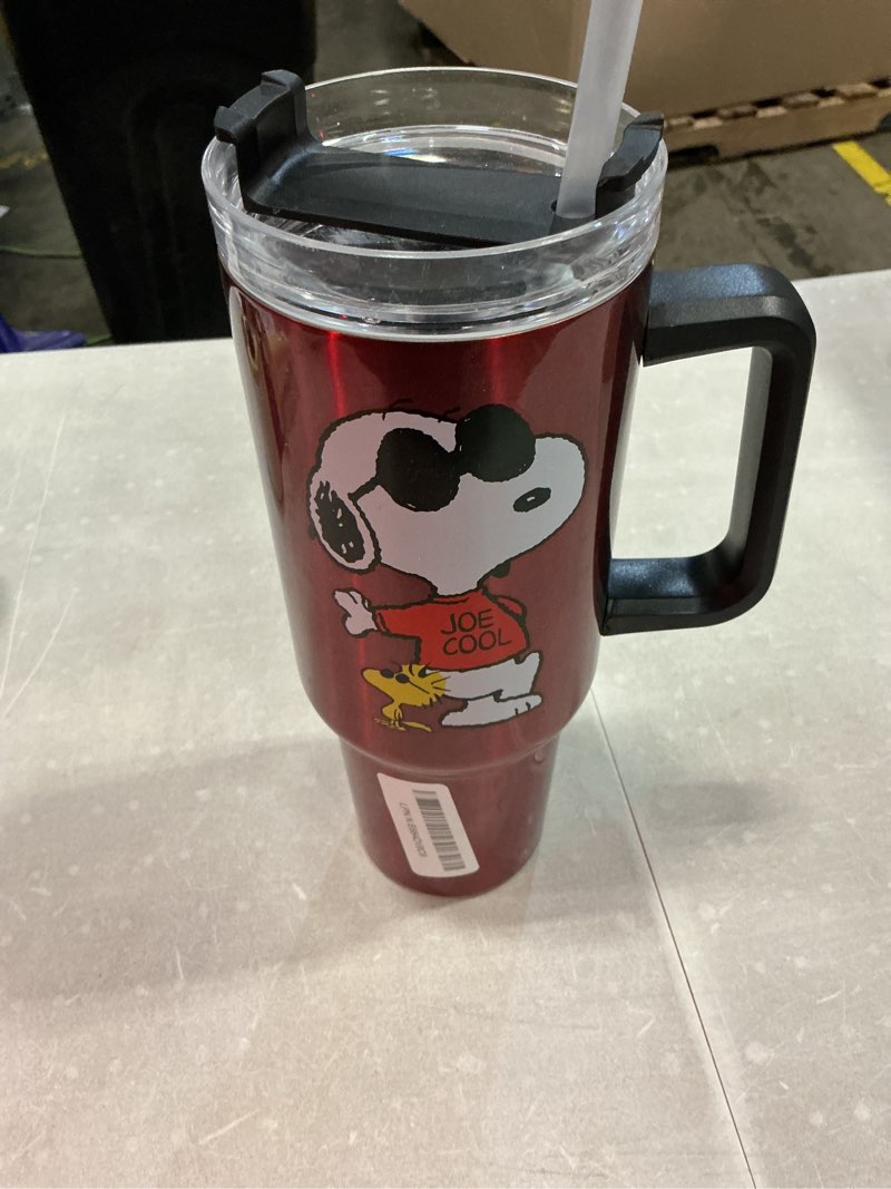 Condition photo showing Good Condition for spoontiques peanuts stainless steel travel mug, 40oz - double wall insulation, sturdy handle, sliding lock travel lid - joe cool peanuts joe cool 40 ounces
