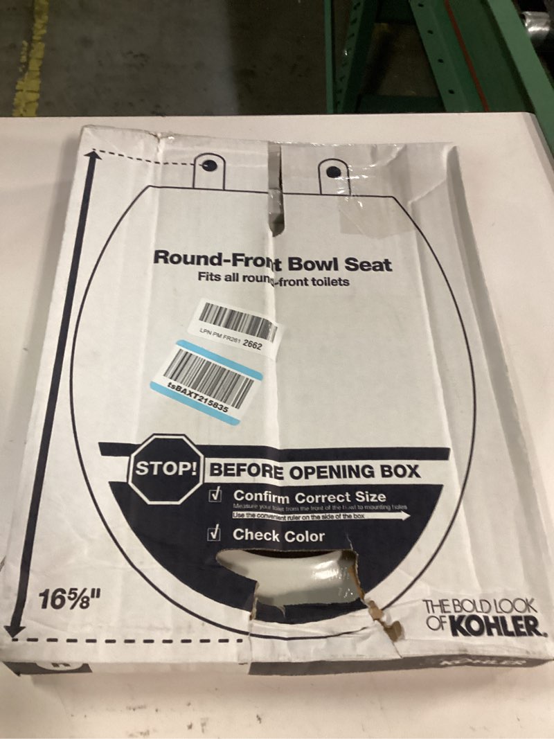 Condition photo showing New/Like New for kohler k-4775-0 brevia round toilet seat with quick-release hinges and quick-attach hardware for easy clean, white round white