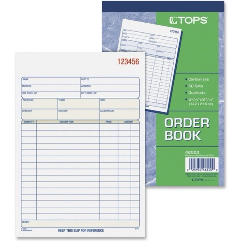 tops sales order book, 5-9/16 x 8-7/16, two-part carbonless, 50 sets/book