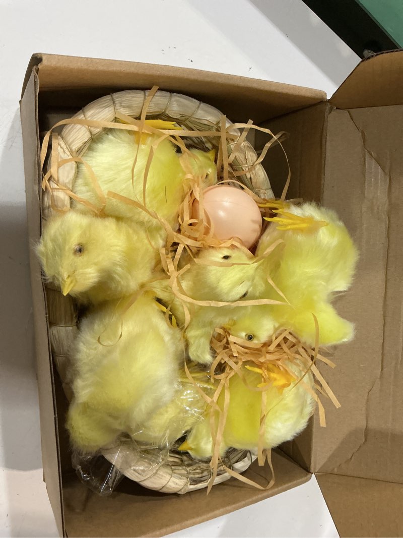 Condition photo showing Good Condition for easter yellow baby chicks 7 set,simulated fake chicken figurine lifelike stuffed farm animal,realistic plush chick photography props spring home decor furry chickens birthday gift kids toys