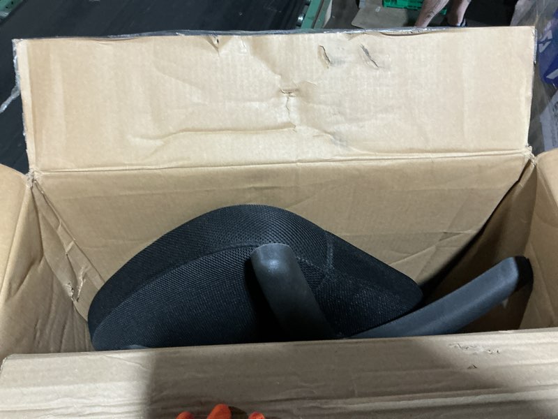 Condition photo showing As Is for amazon basics low-back office desk chair, adjustable height, 360 degree swivel, fabric upholstery, black