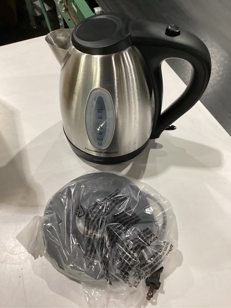 Condition photo showing New/Like New for hamilton beach electric tea kettle, water boiler & heater, 1.7 liter, cordless serving, 1500 watts for fast boiling, auto-shutoff and boil-dry protection, stainless steel (40880) bpa free, stainless steel 1.8 quarts