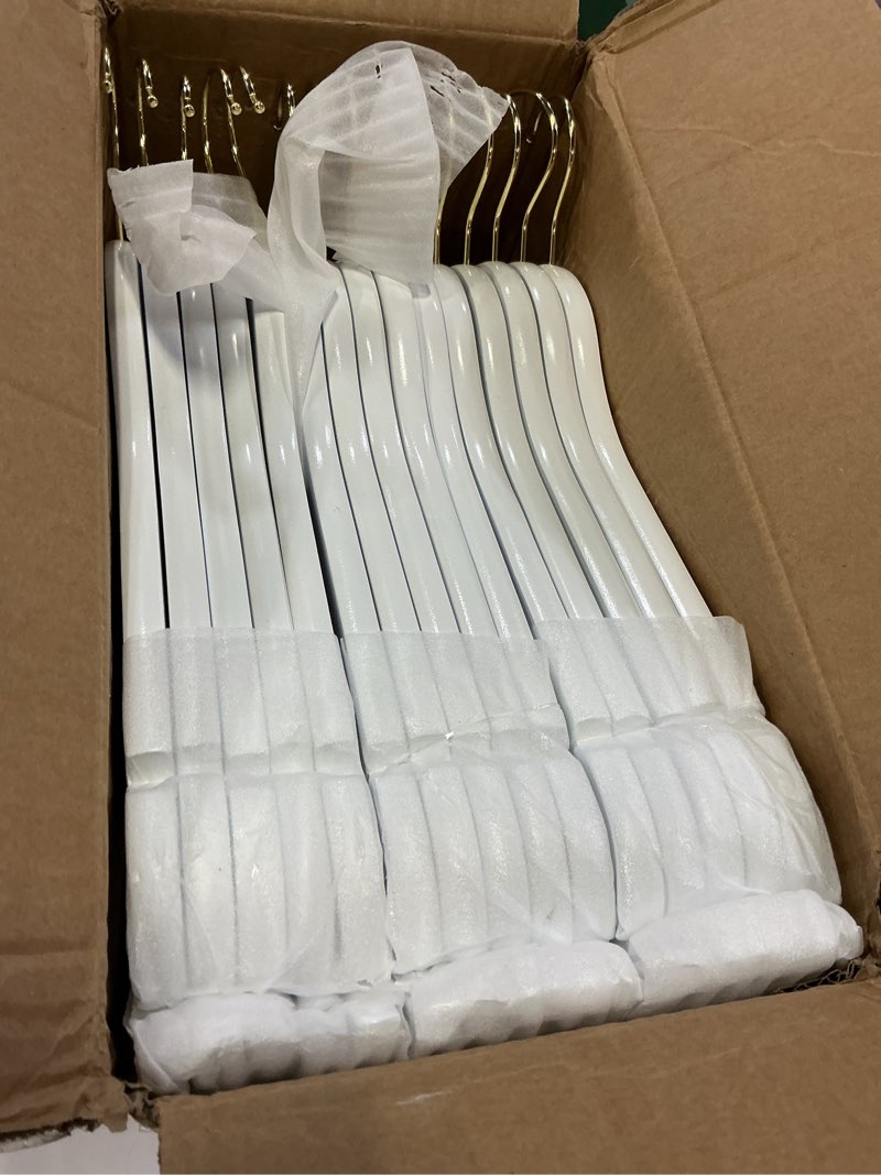 Condition photo showing Good Condition for topia hanger wooden hangers 30 pack, white wood coat hanger with 360° swivel gold hook, non slip pants bar and shoulder notches for camisole, jacket, pants, smooth finish clothes hangers -ct34wg30 white+gold 30 pcs