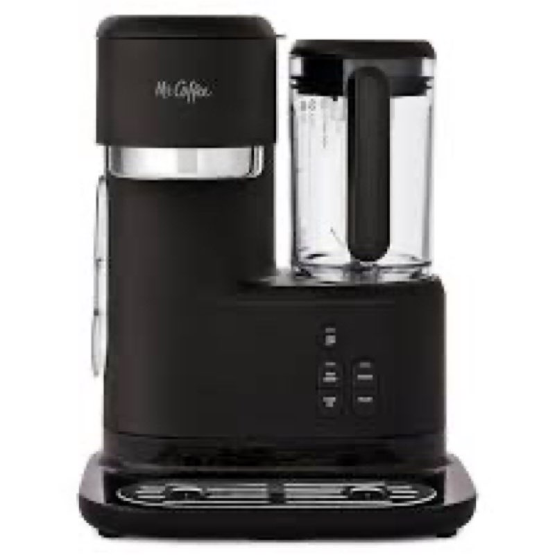 mr. coffee single-serve 3-in-1 iced and hot coffee and tea maker and blender with reusable filter, scoop, recipe book, 2 tumblers, lids and straws