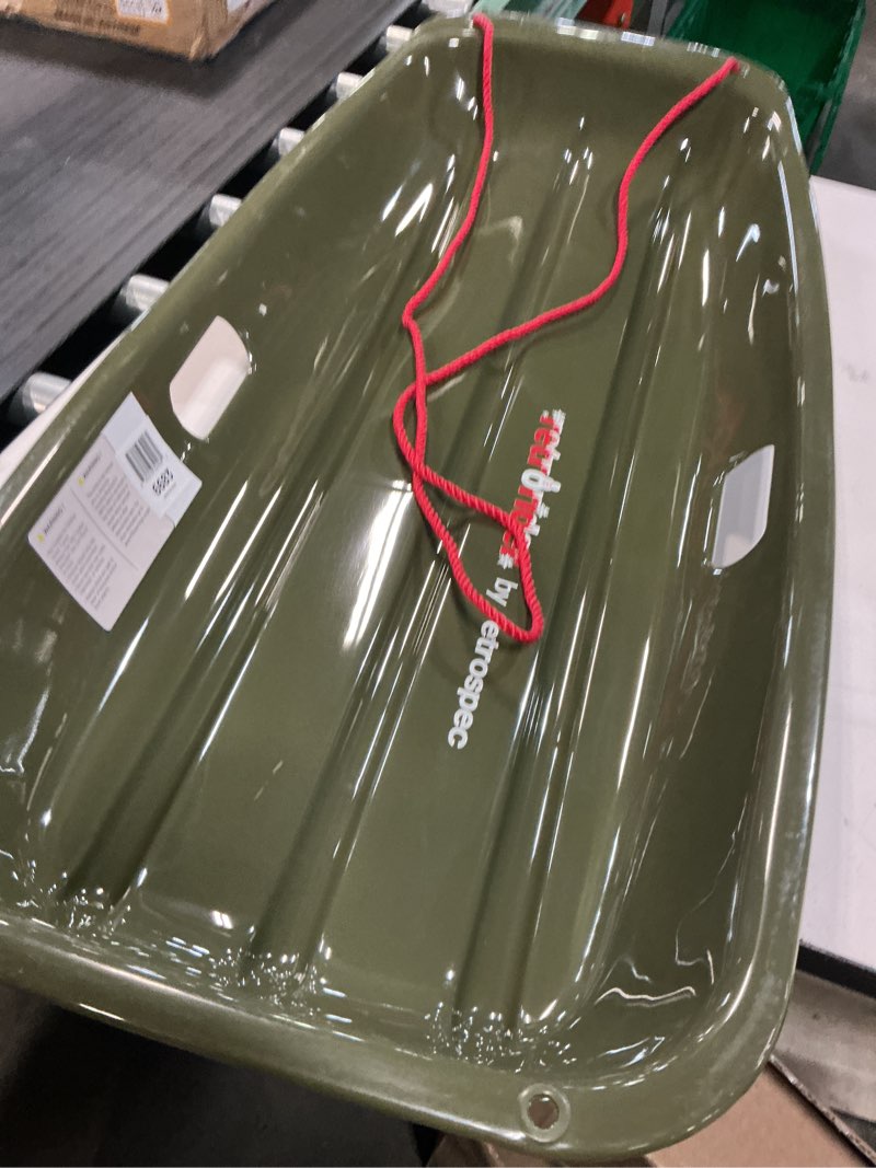 Condition photo showing New/Like New for retrospec retrorider plastic snow sled – toboggan style with pull rope, cold-resistant coating, and hard bottom for smooth downhill rides – available in 35" and 48" sizes for kids and adults single mistletoe 35"