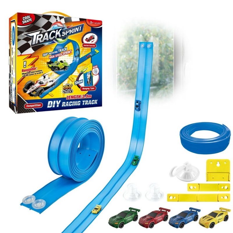 15 Ft Flexible Race Car Track, Portable Dual-Sided Race Car Track with 4 Cars & Suction Cups, Compatible with Hot Wheels & 1/64 Diecast Cars, Kids’ Car Ramp & Race Track (Blue L)