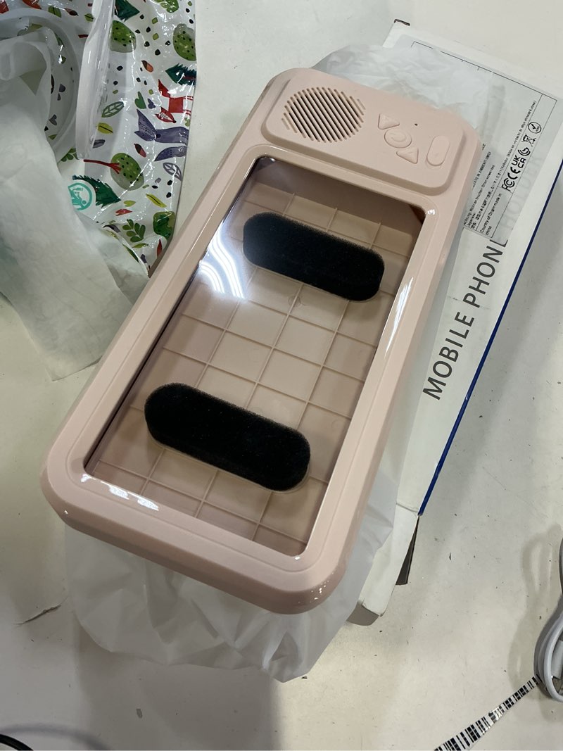 Condition photo showing New/Like New for waterproof shower phone holder with bluetooth speaker, ipx8 360° rotatable suction cup/wall mount, built-in 5.3 speaker for bathroom/kitchen/pool, for iphone 16/15/14/samsung/all smartphones-pink