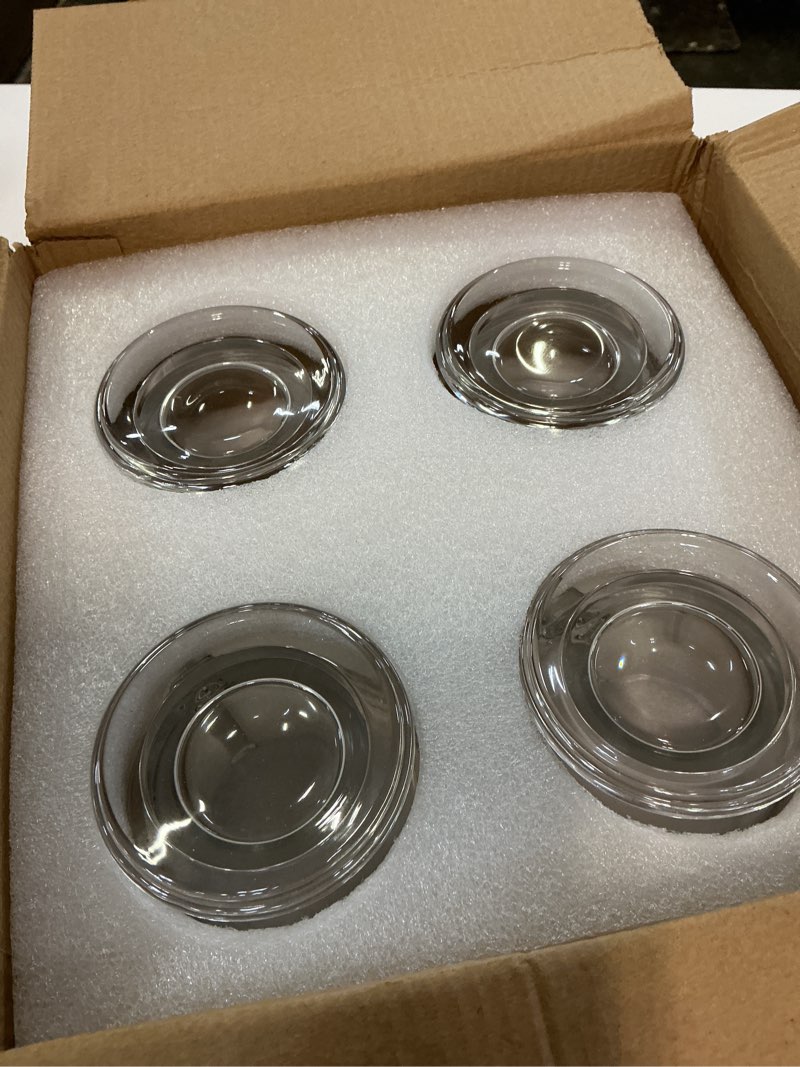 Condition photo showing New/Like New for glass mugs, 4 pack 15 oz clear large mugs with handles for hot and cold drinks, perfect for coffee, latte, cappuccinos, tea and more