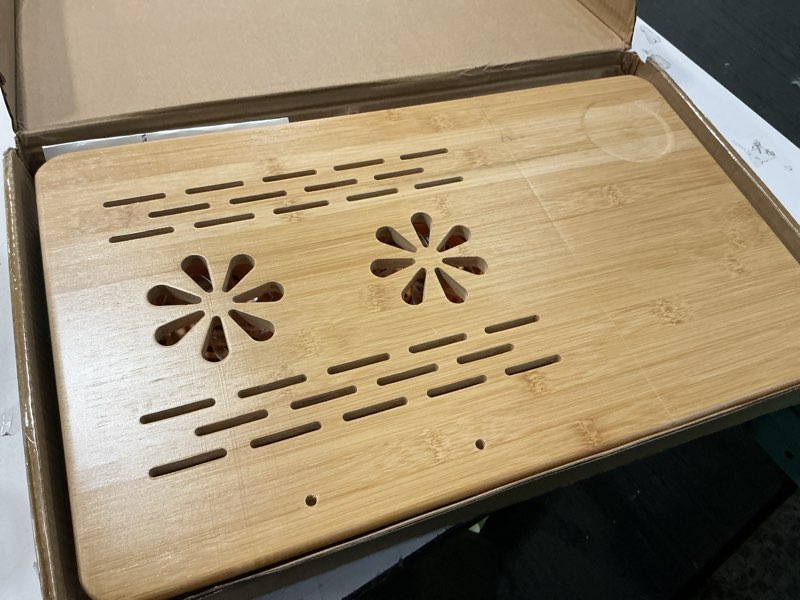 Condition photo showing Good Condition for Adjustable Bamboo Laptop Desk with Cooling Fan, Foldable Bed Tray for Breakfast, Writing, and Drawing, with Tilting Top and Drawer, Portable Lap Desk for Bed, Sofa, and Floor.