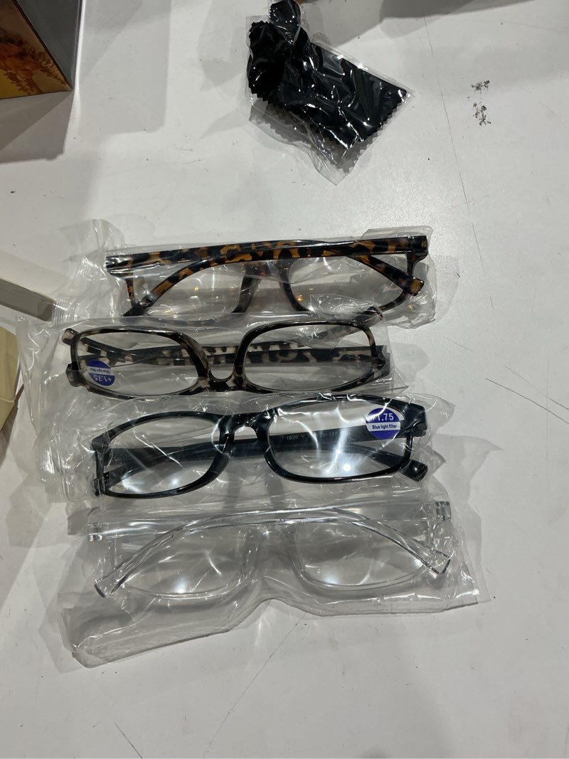 Condition photo showing Good Condition for gaoye +1.75 multi pack reading glasses - blue light blocking lenses, tr90 frames, uv400 - eyeglasses with clear vision *black + bright leopard + leopard + clear 1.75 x