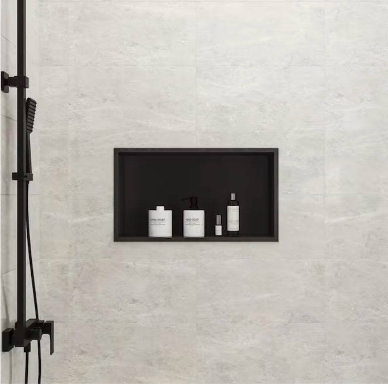 31 in. w x 13 in. h x 4 in. d 304 stainless steel recessed shower niche single shelf for shampoo and soap in matte black