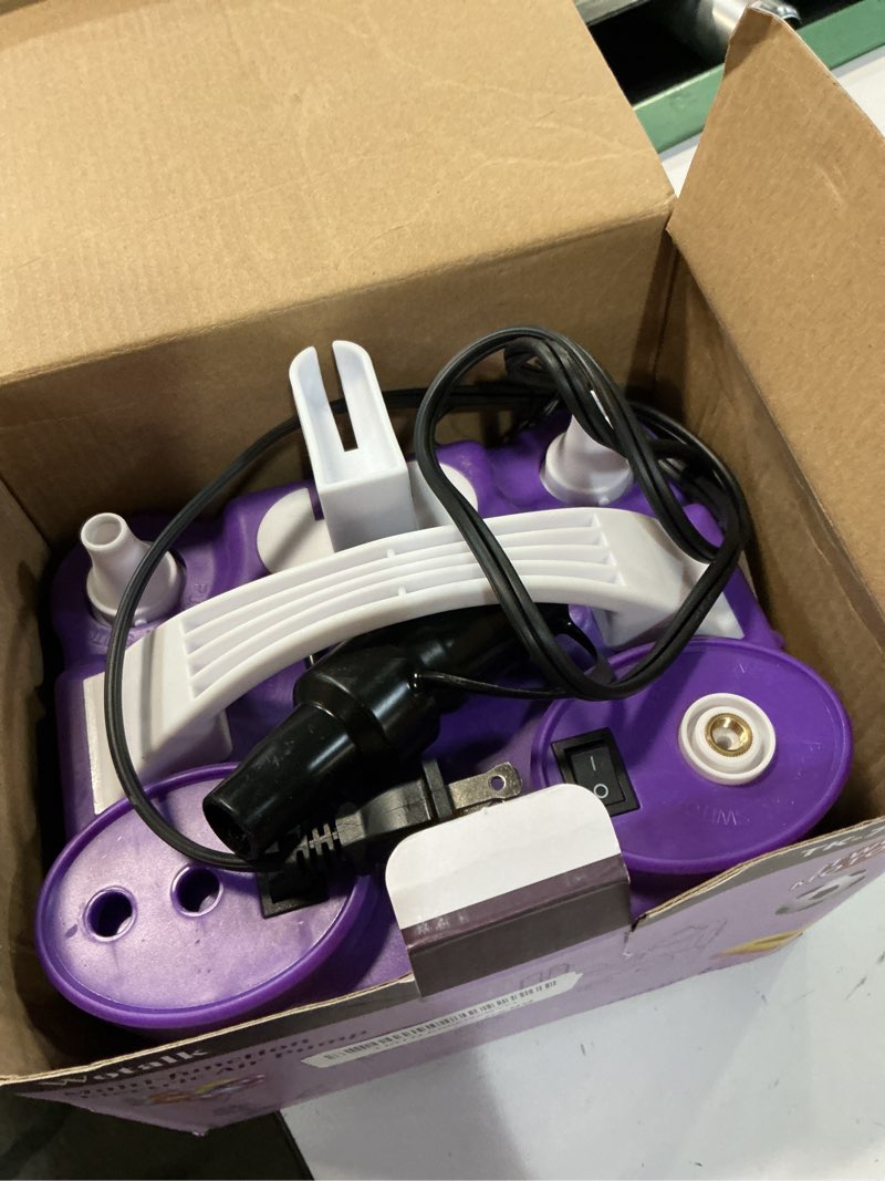 Condition photo showing As Is for 4-in-1 electric balloon pump for all balloons, inflatables, and sports balls, triple inflating ports for latex foil 260q mylar balloon, inflator deflator for air beds pool floats yoga balls purple