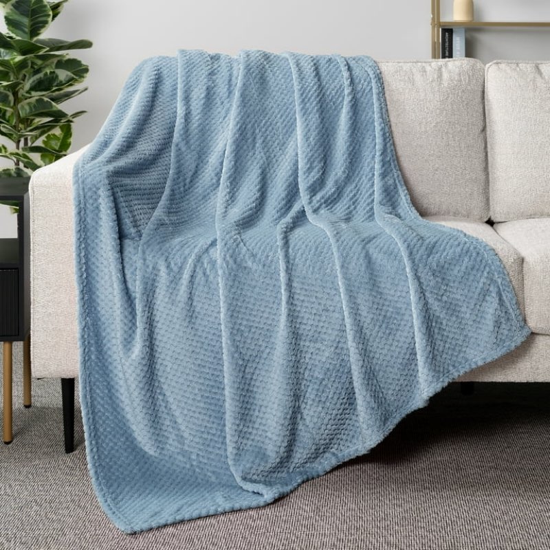 pavilia dusty blue throw blanket for couch bed, soft fleece throws for sofa chair, fuzzy waffle textured blanket, cozy warm lightweight all season blanket throw, 50x60