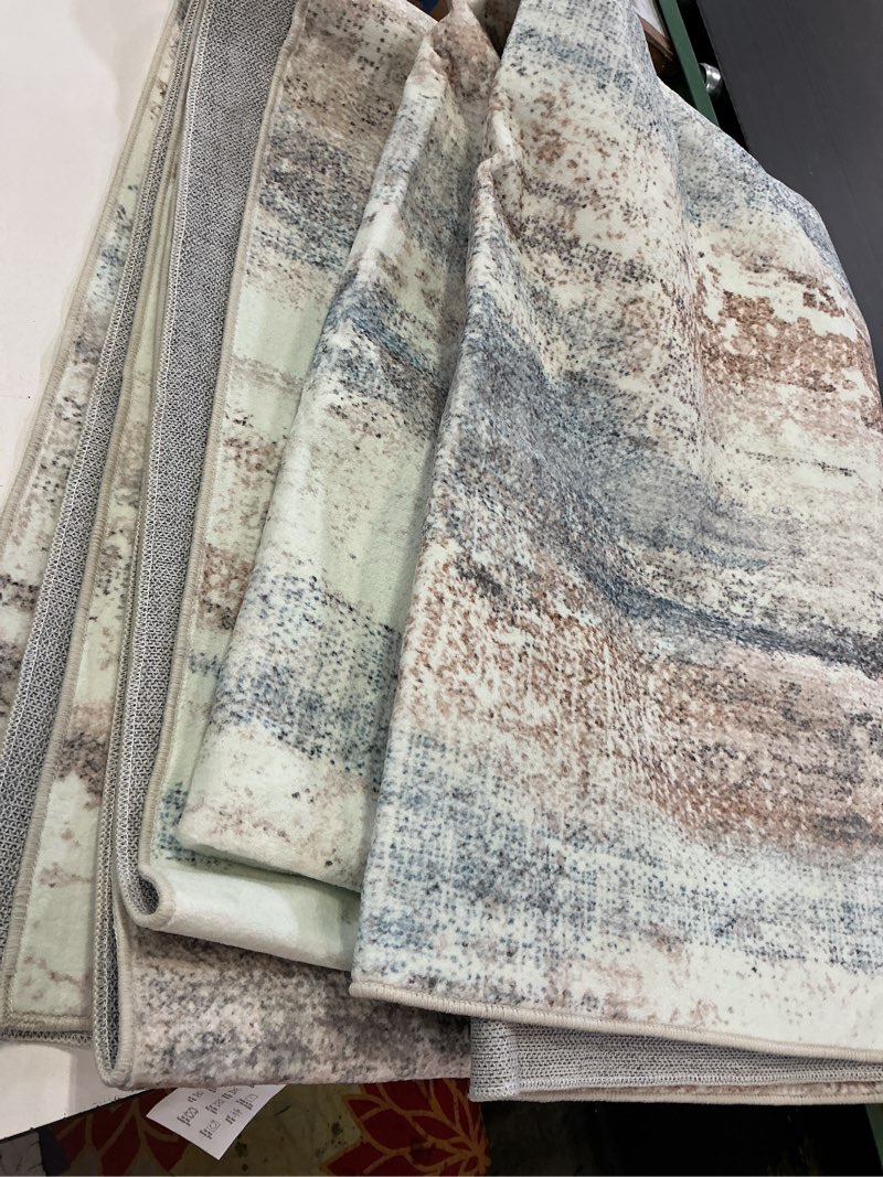 Condition photo showing Good Condition for Washable 6x9 Area Rug, Boho Vintage Living Room Rug, Non-Slip Soft Low Pile Faux Wool Indoor Distressed Carpet for Living Room, Bedroom, Dining Room, Coffee Table, Office Home Decor Grey Brown Blue White 6' x 9' (Rectangular)