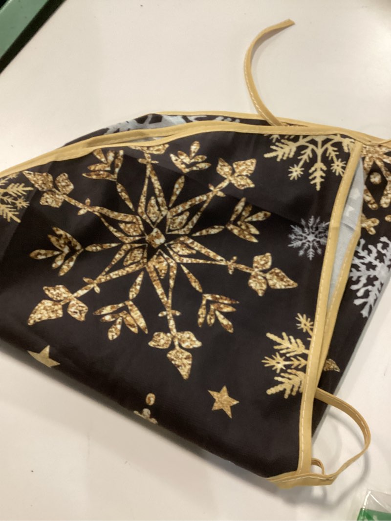 Condition photo showing Good Condition for Snowflakes Black Gold Christmas Tree Skirt, 48 Inches Lace-up Snowy Stars Xmas Tree Skirt, Winter Holiday Party Indoor Decoration Home Decor 48" Black Golden Snowflakes