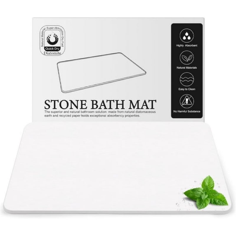 Diatomite Stone Bath Mat, Premium Natural Diatomaceous Earth Bathtub Drying Mats for Bathroom Floor (23.6" x 15.4" White) White 23.6" x 15.4" (Rectangular)