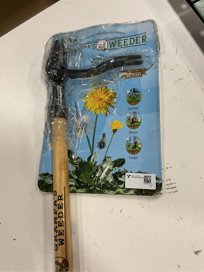 Condition photo showing New/Like New for grampa's weeder - the original stand up weed puller tool with long handle - made with real bamboo & 4-claw steel head design - easily remove weeds without bending, pulling, or kneeling.