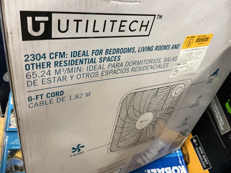 Condition photo showing As Is for utilitech 20-in 120-volt 3-speed high velocity indoor white box fan