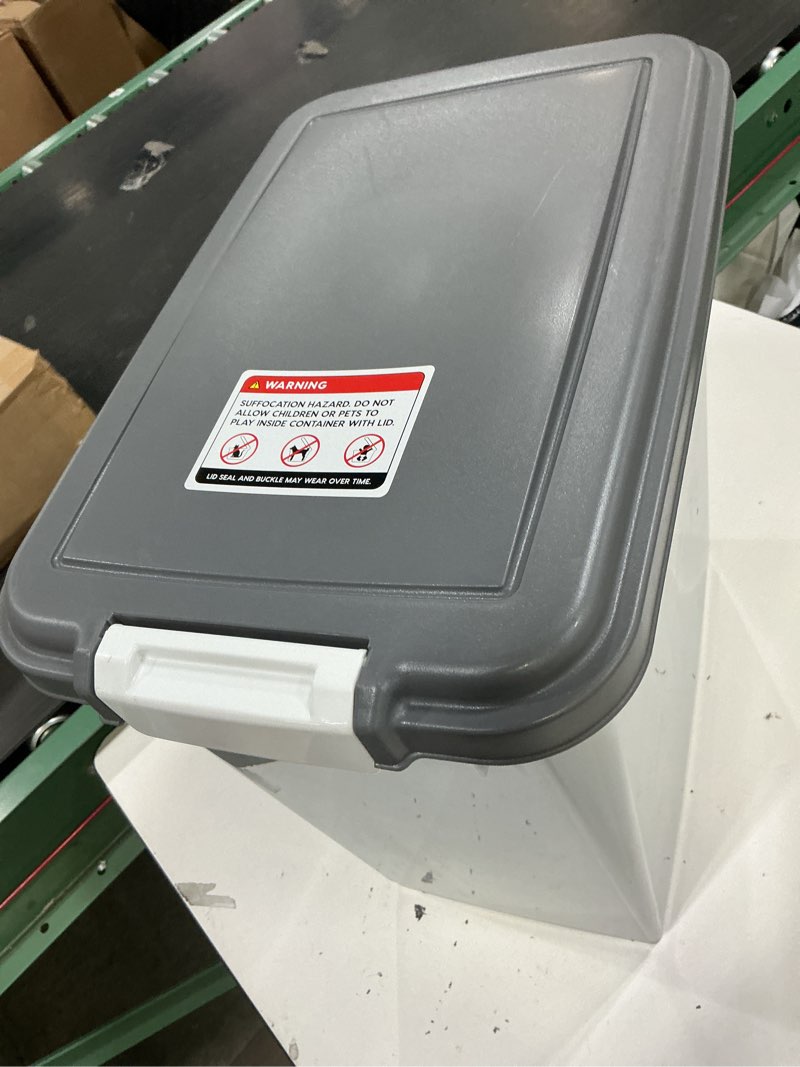Condition photo showing As Is for iris usa 30lbs dog food storage container with wheels, 2-cup scoop, gray/dark gray