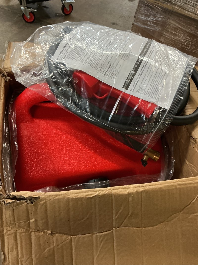 Condition photo showing Good Condition for garvee upgraded 16 gallon gas tank, heavy-duty fuel can with manual transfer pump, 10ft hose, and casters, leak-proof portable gas container for lawn mowers, tractors, boats, and snow blowers, red