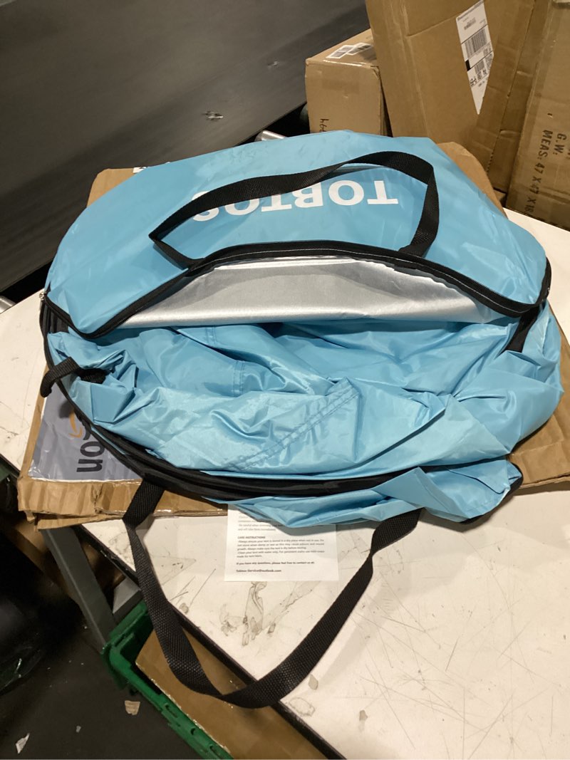Condition photo showing New/Like New for tobtos upf 50+ pop up beach tent, easy set up beach umbrella, sun shelter for 2-3 people uv protection portable sunshade, baby canopy cabana, lightweight with carry bag blue for 3-4 person