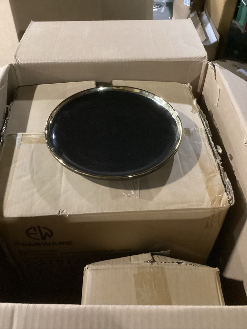 Condition photo showing As Is for Loymokinar 16-Piece Black and Gold Dinnerware Set for 4, Elegant Porcelain Plates and Bowls Set with Golden Rim, Modern Luxury Tableware Service, Complete Dish Set for Home Dining and Gifts Black and Gold Trim