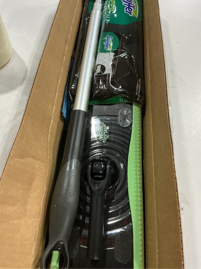Condition photo showing Good Condition for Swiffer Sweep & Mop Deluxe 2-in-1 Multi-Surface Kit for Floor Cleaning, Includes 1 Sweeper Device, 5 Dry Sweeping + 6 Wet Mopping Heavy Duty Cloths, Black Deluxe Starter Kit