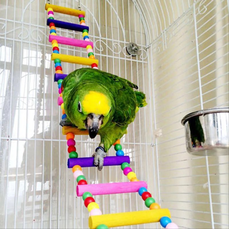 Colorful Biting Wood Brick Toy Ladder with Hanging Rope for Pet Birds