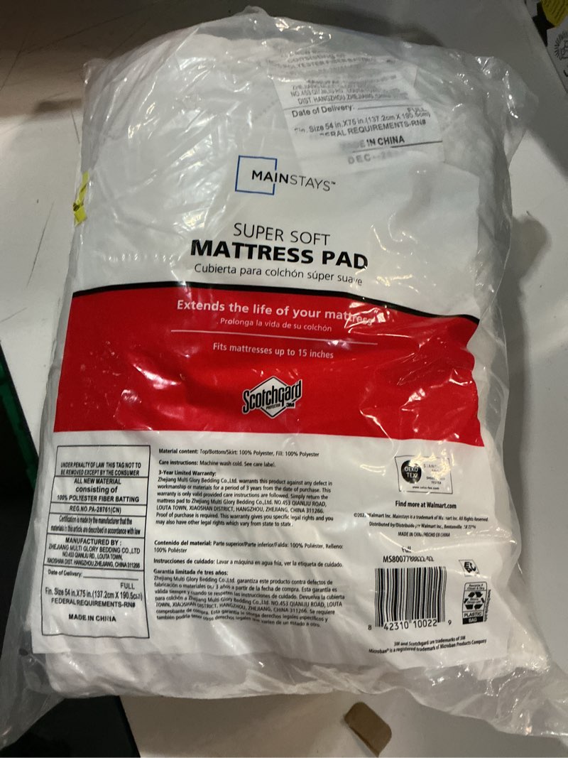 Condition photo showing As Is for mainstays super soft quilted mattress pad, full 54 in x 75 in