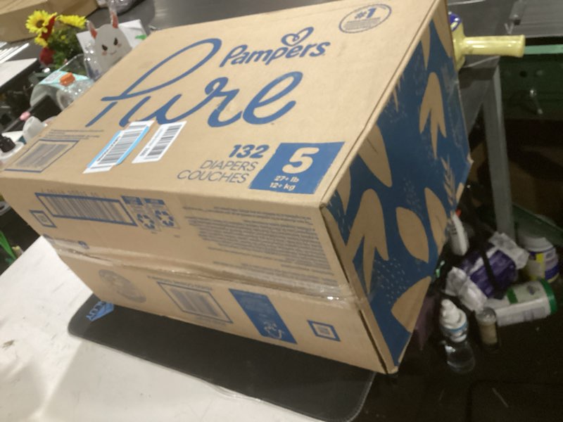 Condition photo showing New/Like New for pampers pure baby diapers, size 5 (27+ lbs), 132, up to 100% leakproof, premium hypoallergenic soft diapers size 5 132
