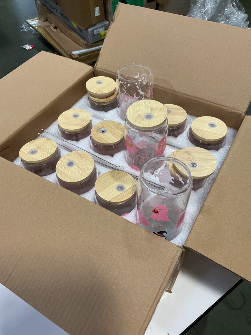 Condition photo showing New/Like New for 12 Pcs Halloween Glass Cups with Bamboo Lids and Straw 16 oz fall Pumpkin Ghost Skull Bat Witch Hat Tumbler Coffee Beer Cups for Halloween Party Women Gifts Office Home Supplies (Pink)