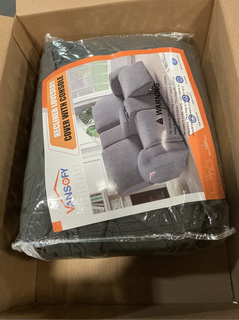 Condition photo showing Good Condition for VANSOFY Recliner Loveseat Cover with Middle Console Stretch Reclining Sofa Slipcover for 2 Seat Jacquard Reclining Couch Sofa Covers Furniture Protector with Elastic Straps Bottom (Black Gray) Black Gray 2 Seater+Console