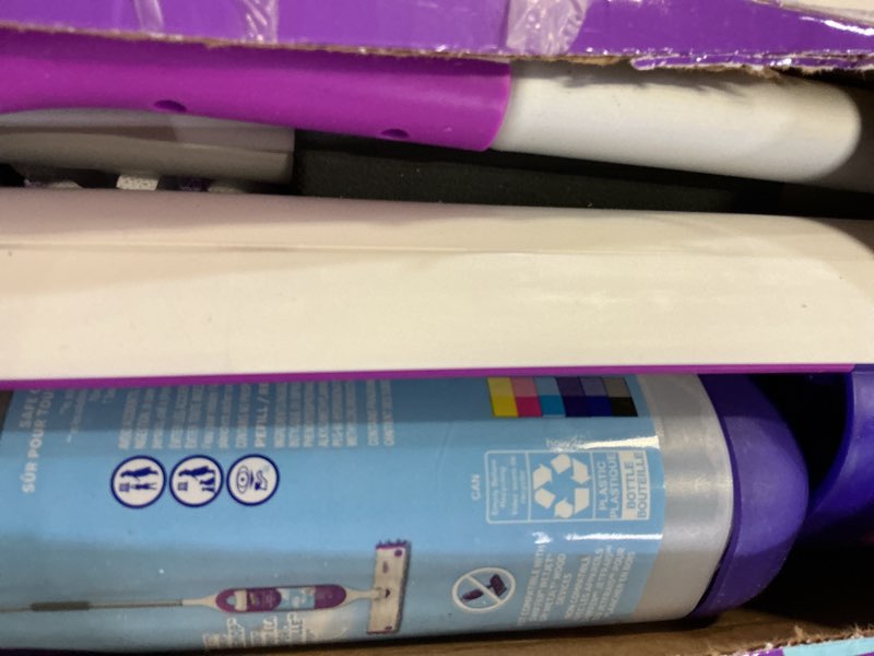 Condition photo showing Good Condition for swiffer powermop multi-surface mop kit for floor cleaning, includes powermop, 2 mopping pad refills, 1 cleaning solution with fresh scent and 2 batteries purple and white