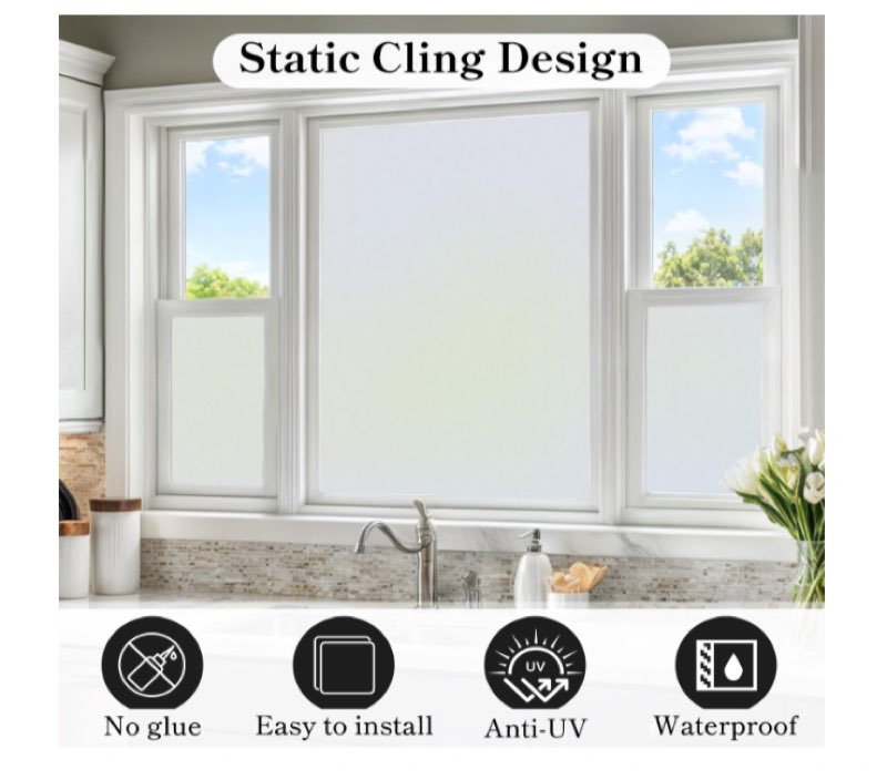 Privacy Window Film Frosted Glass Film Matte White Static Cling Glass Film No Glue Anti-UV Window Sticker Non Adhesive for Privacy Office Meeting Room Bathroom Living Room DS001W 35.4x157.4in