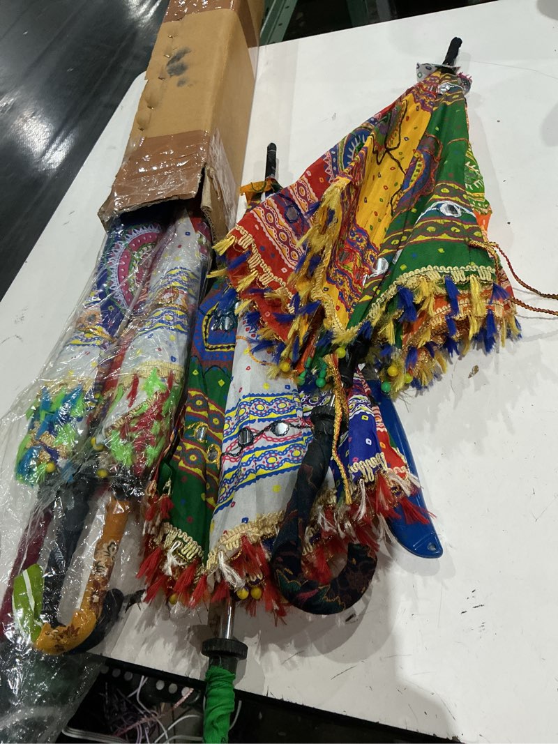 Condition photo showing Good Condition for 5 pcs lot indian wedding umbrellas vintage golden silk decorative umbrella sun parasols wedding birthday party decoration lot of silk umbrella 24 inches